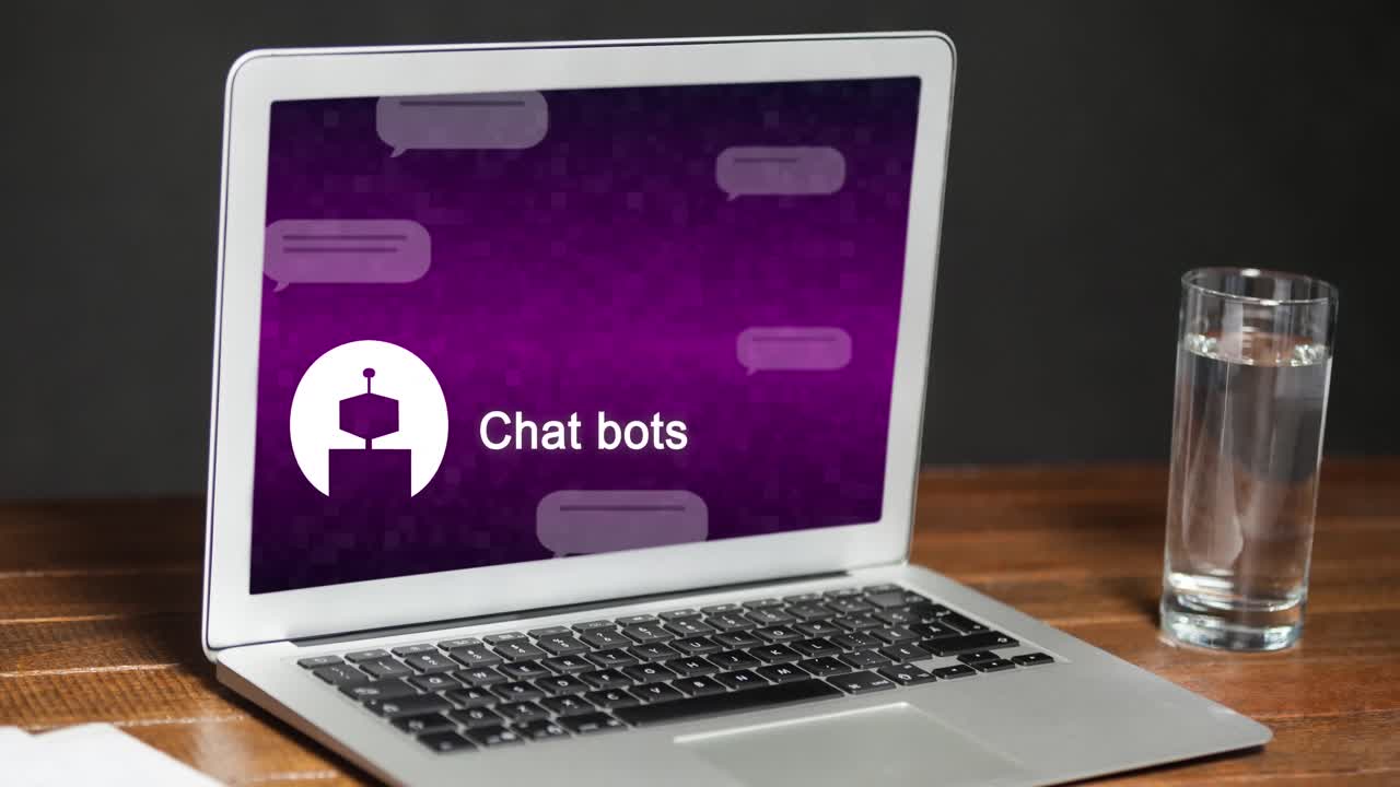 Animation of ai chat and data processing over laptop on desk