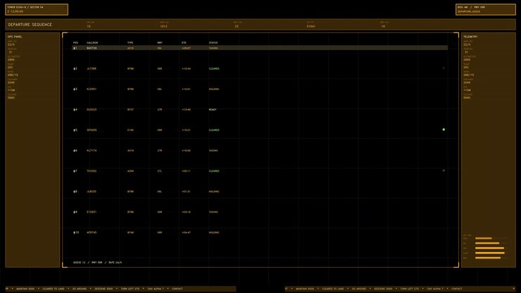 An amber air traffic control departure sequence panel with scrolling flight data and telemetry. Loops seamlessly as a sci fi interface overlay