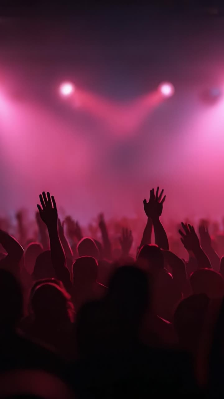 Uma multidão vibrante de pessoas entusiasmadas com as mãos levantadas aproveitando uma apresentação ao vivo sob luzes coloridas de palco em uma atmosfera dinâmica