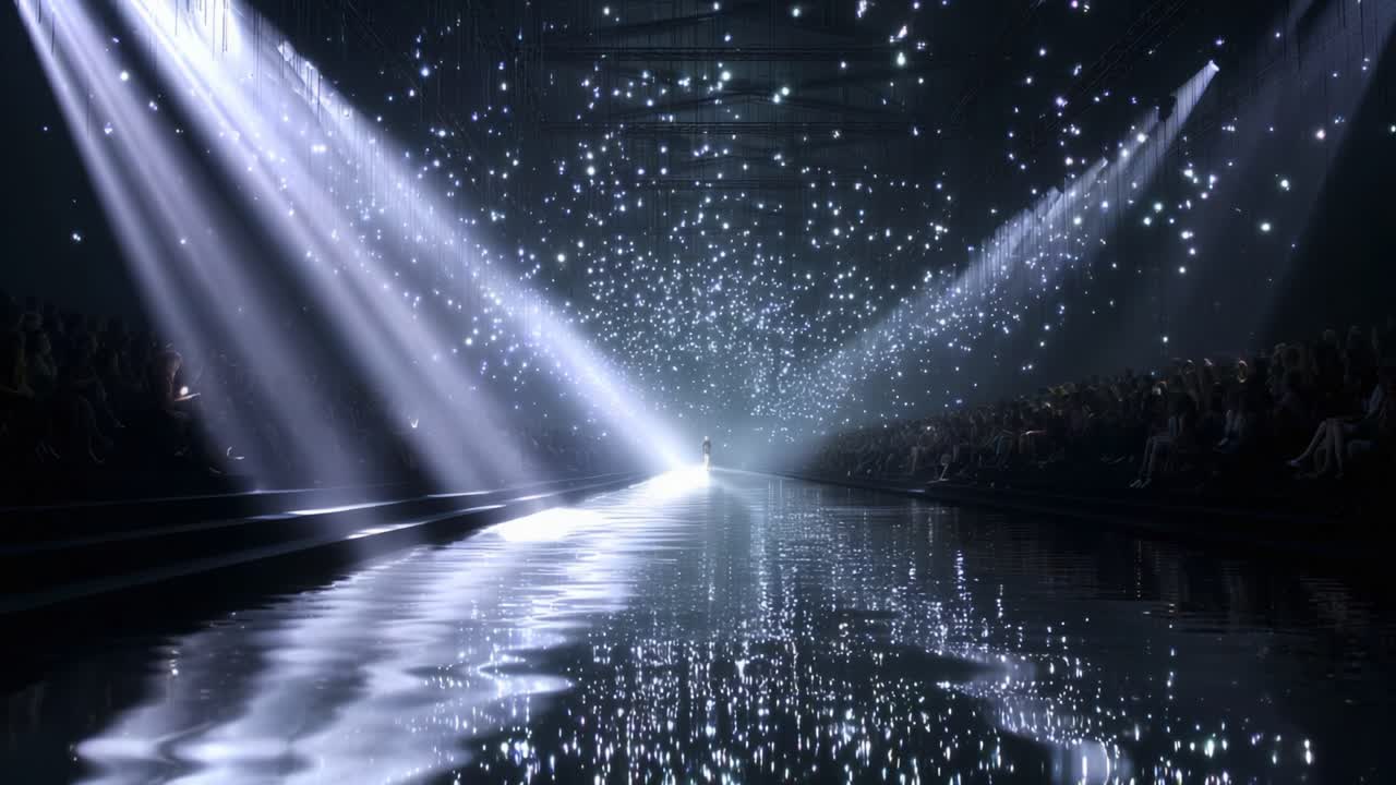 A Captivating Visual Experience Showcasing an Elegant Runway Illuminated by Stars and Light Beams, Featuring a Luminous Atmosphere with Reflective Water Elements, Creating a Mystical Ambiance for Viewers