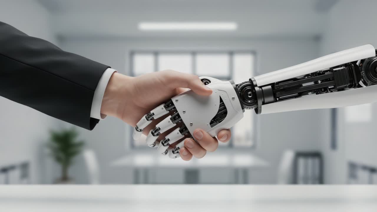 A Human Handshake with a Robotic Arm: Exploring the Intersection of Technology and Humanity in a Modern Office Setting