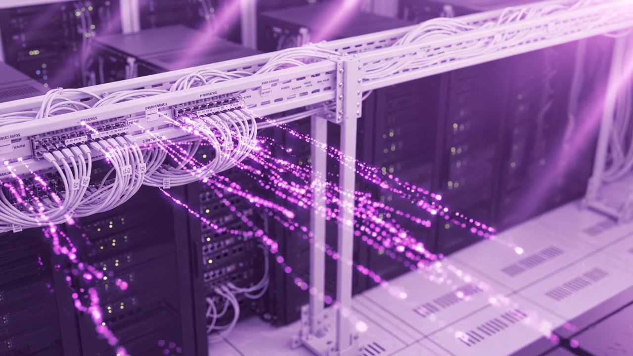 Data Center Overview: A Close-Up of Server Racks and Network Cabling with a Purple Aesthetic Emphasizing Connectivity and Technology