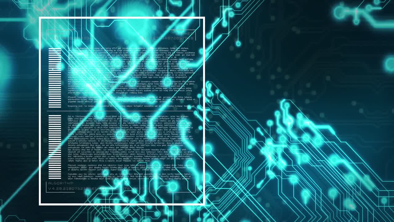 컴퓨터 언어로 디지털 화면의 애니메이션을 조명 된 전자 회로 보드 패턴으로