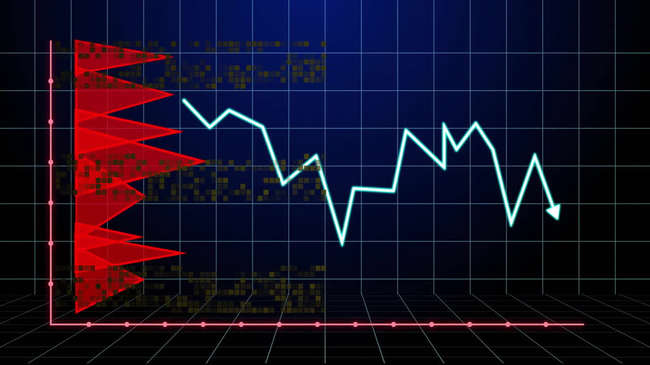 Data visualization showing red triangular bars and cyan zigzag graph moving on blue grid floor