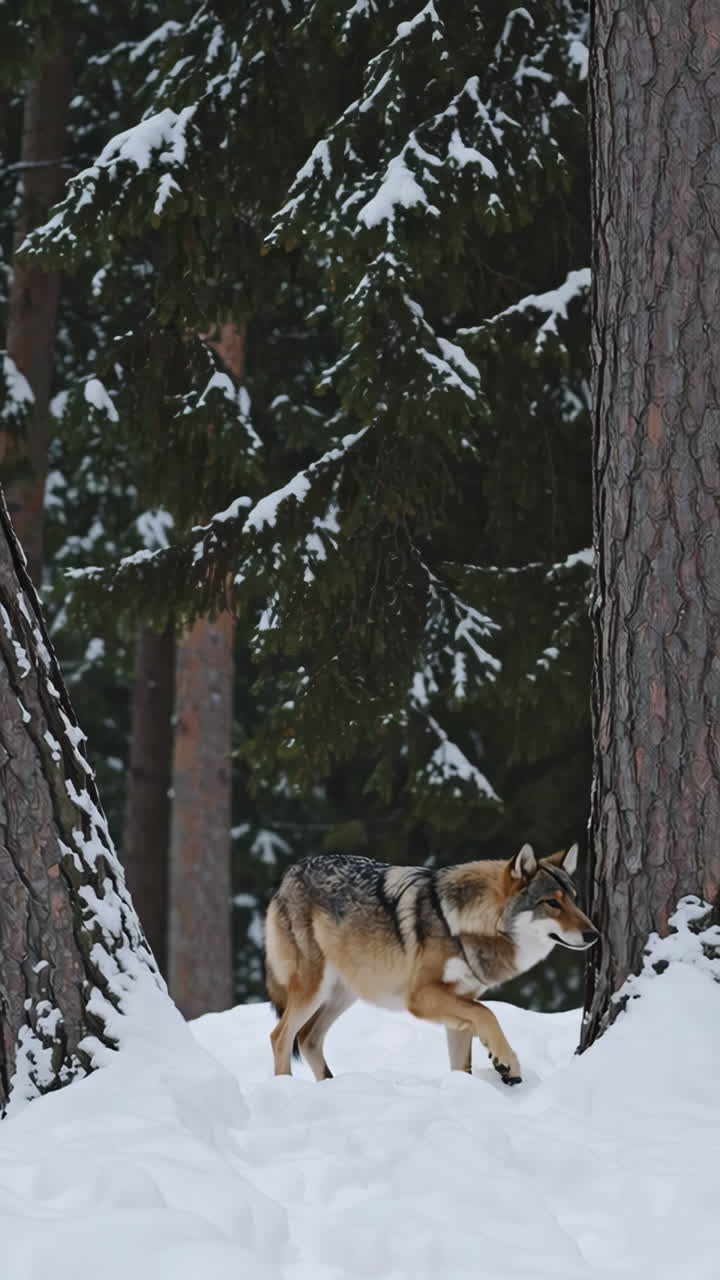 A wolf stands in a snowy forest