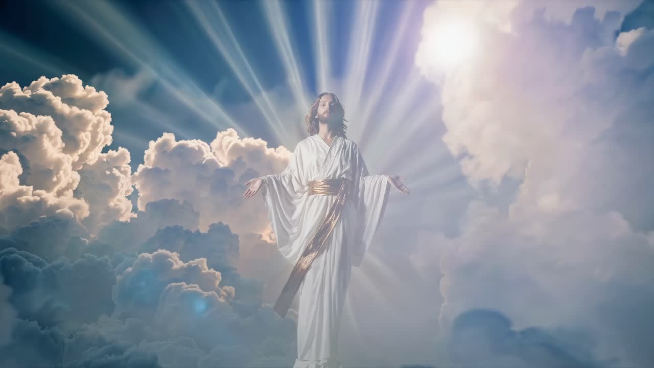 A divine figure in white robes stands amidst clouds with radiant light, captured from a low angle
