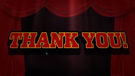 animation of graphical thank you text with explosive vector against red curtains, copy space