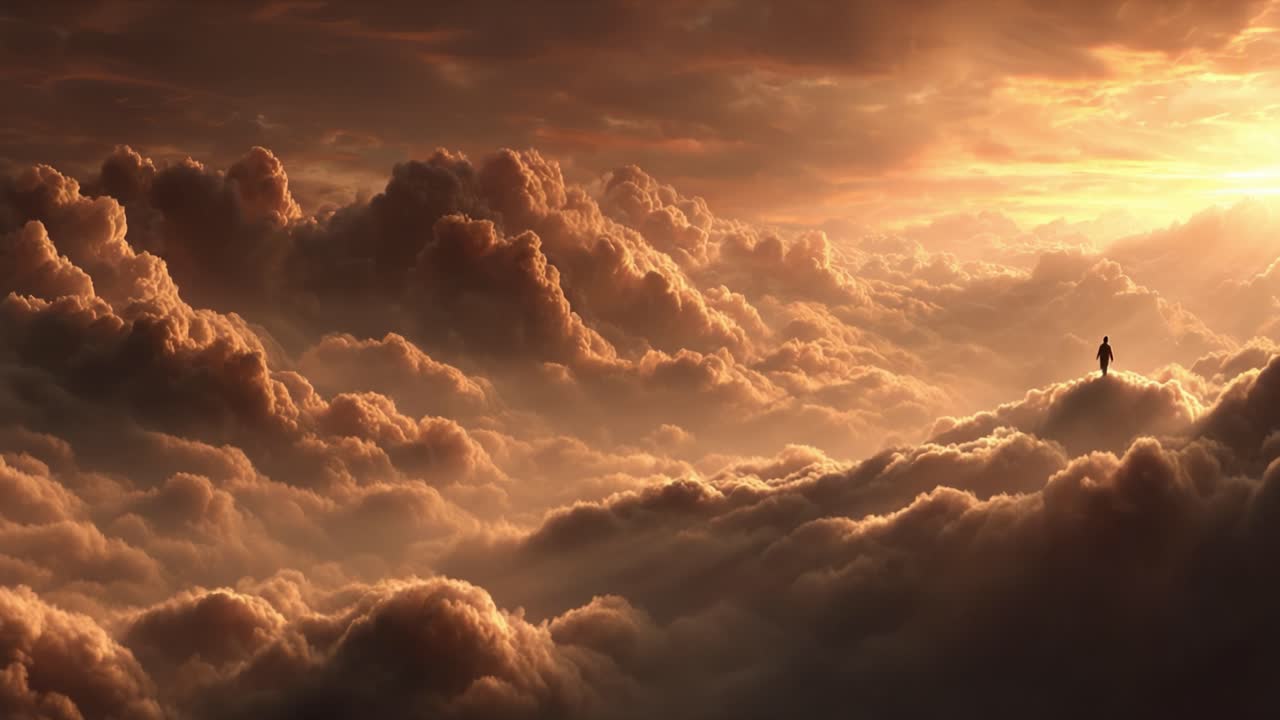 Una figura serena stagliata contro il maestoso tramonto su montagne coperte di nuvole, che incarna tranquillità e meraviglia in un'atmosfera onirica