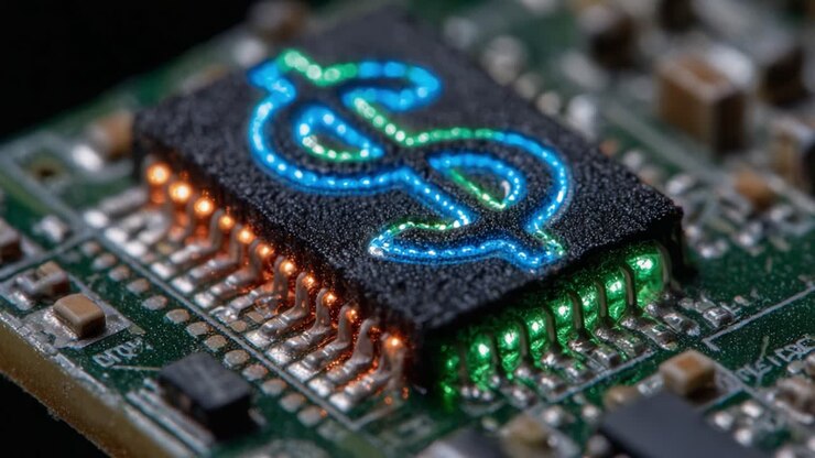 A Close-Up View of a Vibrantly Illuminated Circuit Board Featuring a Dollar Sign, Symbolizing Wealth in the Digital Age of Technology and Finance