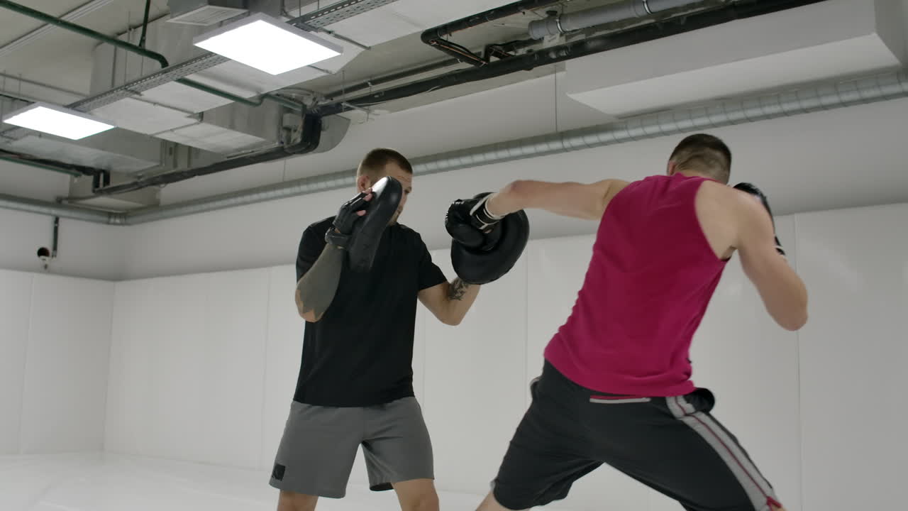 박서 (kickboxer) 는 손과 발로 공격적인 타격을 가하며, 상대방의 타격을 회피한다. 충격 장비의 훈련.