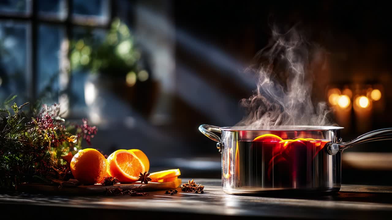 Aromatic Citrus Infusion: Captivating Scene of Steaming Oranges in a Stainless Steel Pot Surrounded by Natural Herbs and Warm Candlelight, Evoking Cozy Kitchen Vibes and Culinary Creativity