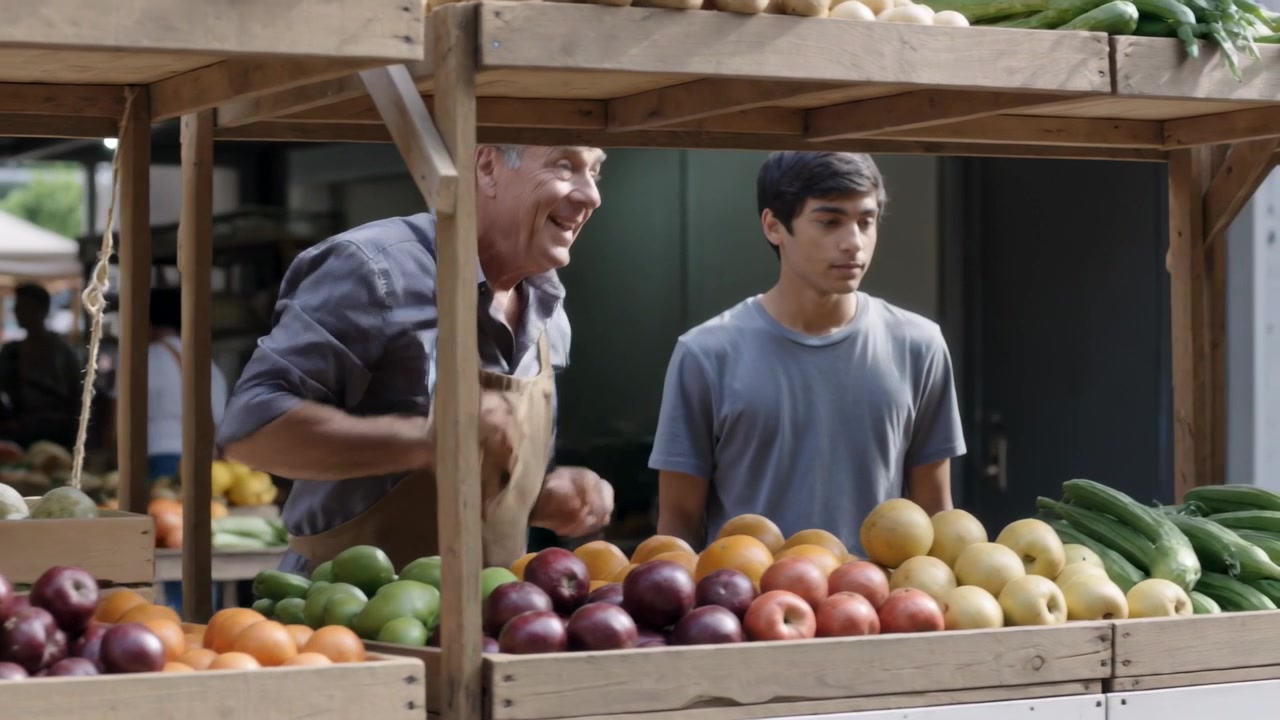 Vendeur en tablier triant des fruits avec un adolescent s'occupant du stand au marché, montrant du doigt un client qui approche avec un sac.