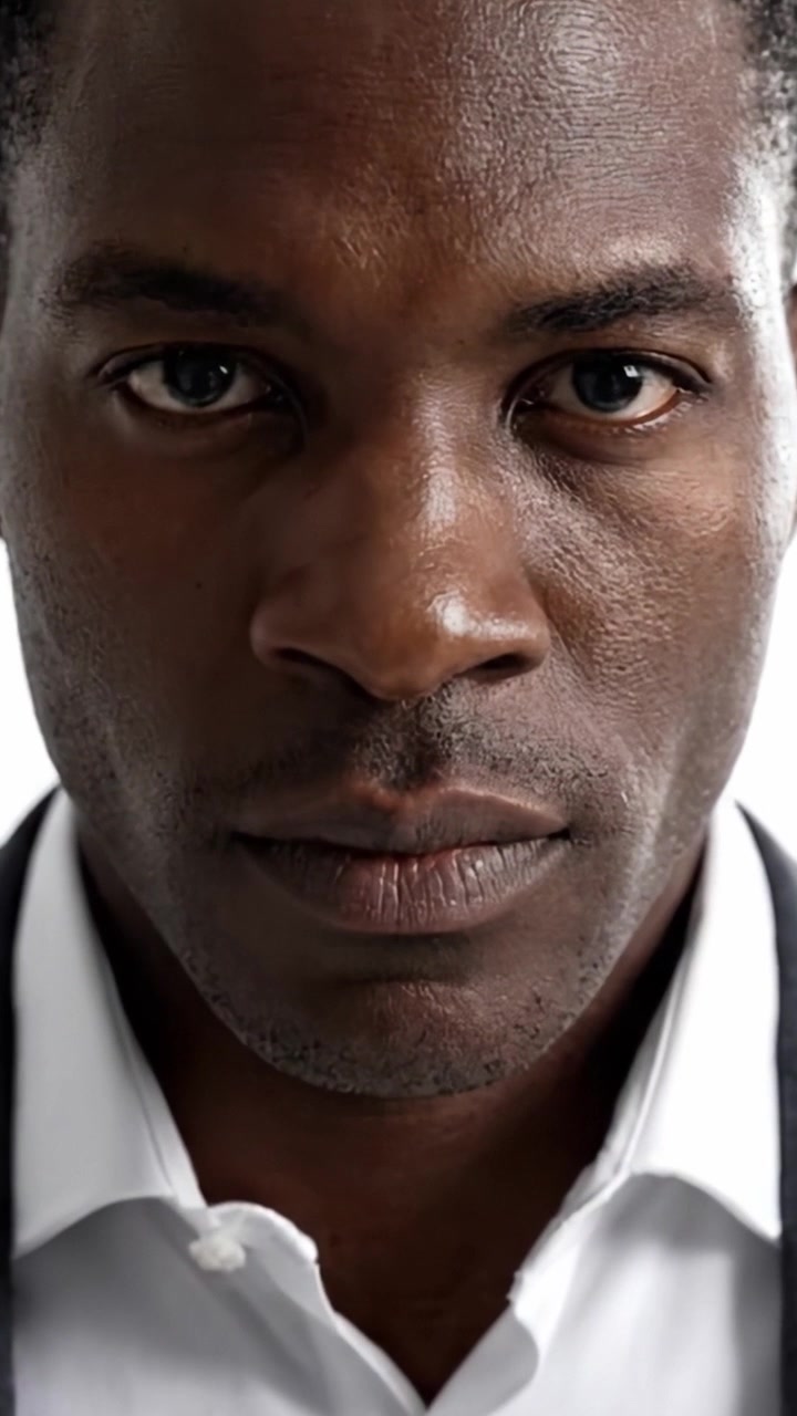 Intense Close-Up Portrait of a Confident Individual Exuding Strength and Determination with Focused Expression Against a Neutral Background