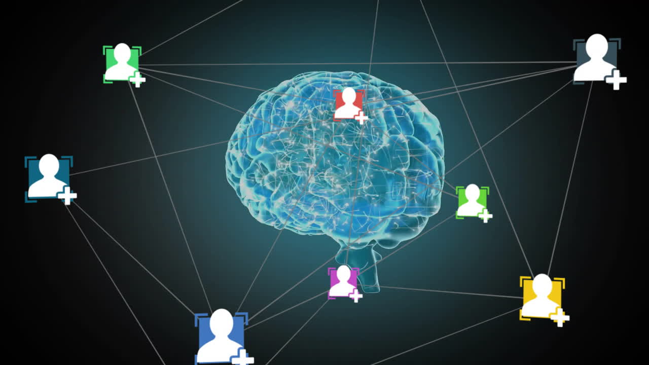 cerebro con íconos de usuario interconectados y signos más, animación de red social