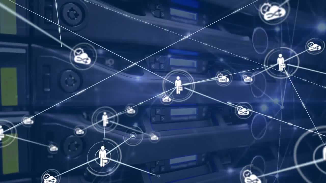 Animation of network of connections with icons over server room