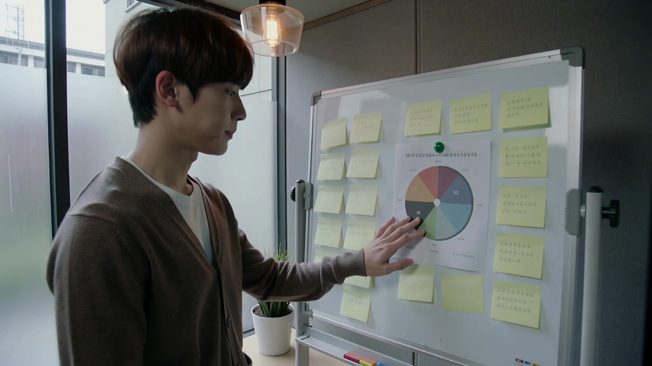Studying Asian man in brown cardigan touching color wheel and smoothing sticky notes on whiteboard