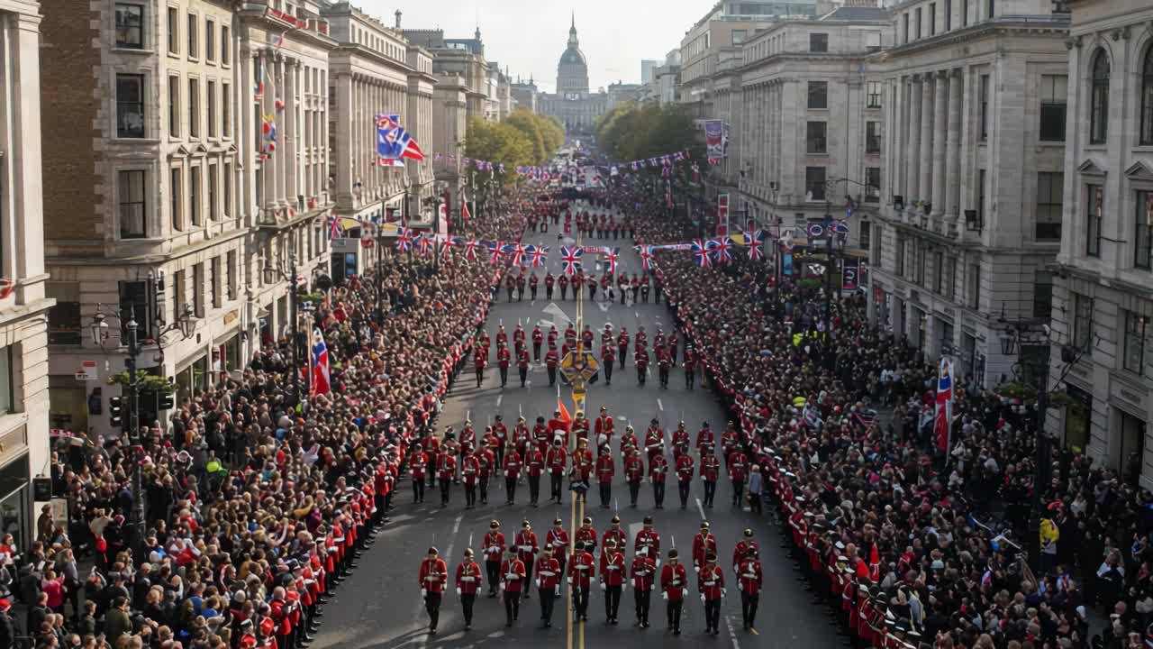A Grand Parade Celebration Unfolds with Spectacular Pageantry and a Sea of Enthusiastic Crowds as Soldiers March in Formation Down the Bustling City Streets