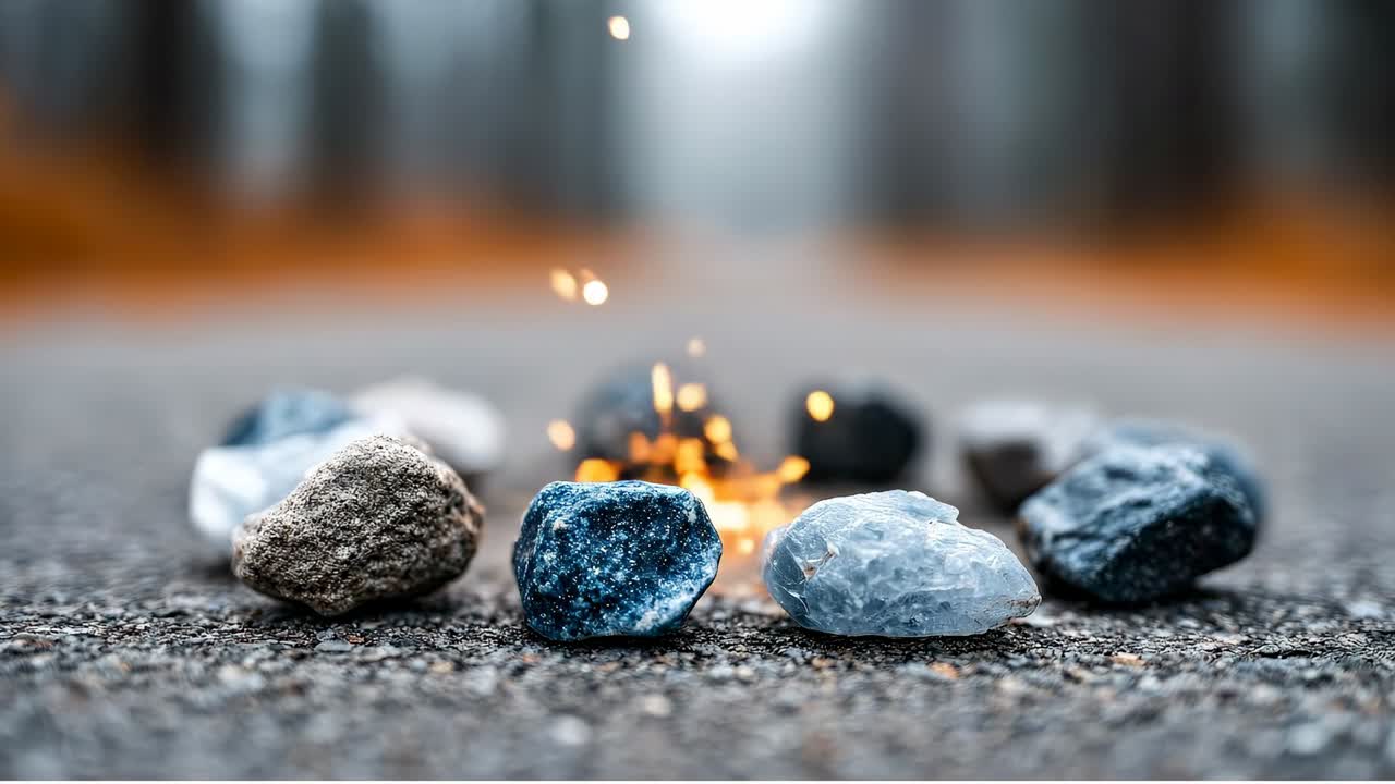 Kiviä aseteltuna ympyrään kipinöiden kera. Eri muotoisia ja värisiä kiviä on aseteltu ympyrään tiellä, ja keskellä lentää kipinöitä.
