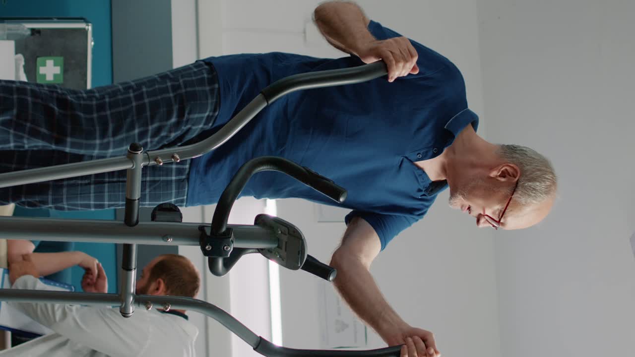 Elder person with mechanical disorders using stationary bicycle