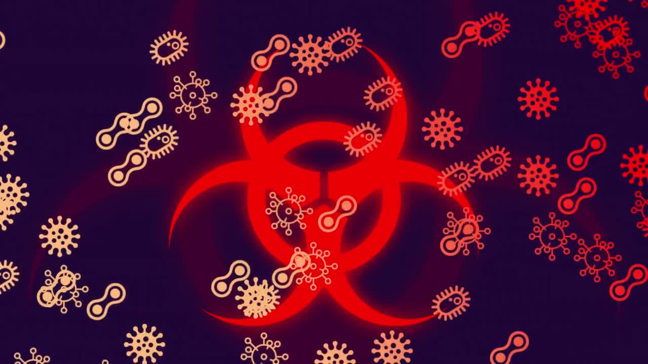 코로나19 세포의 디지털 애니메이션: 파란색 배경에 생물학적 위험의 상징에 대비하여 떠다니는 아이콘