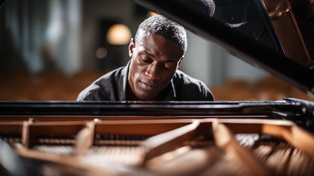 Un pianista appassionato immerso nella musica: immortalare il percorso creativo di un artista al pianoforte a coda in una splendida cornice performativa