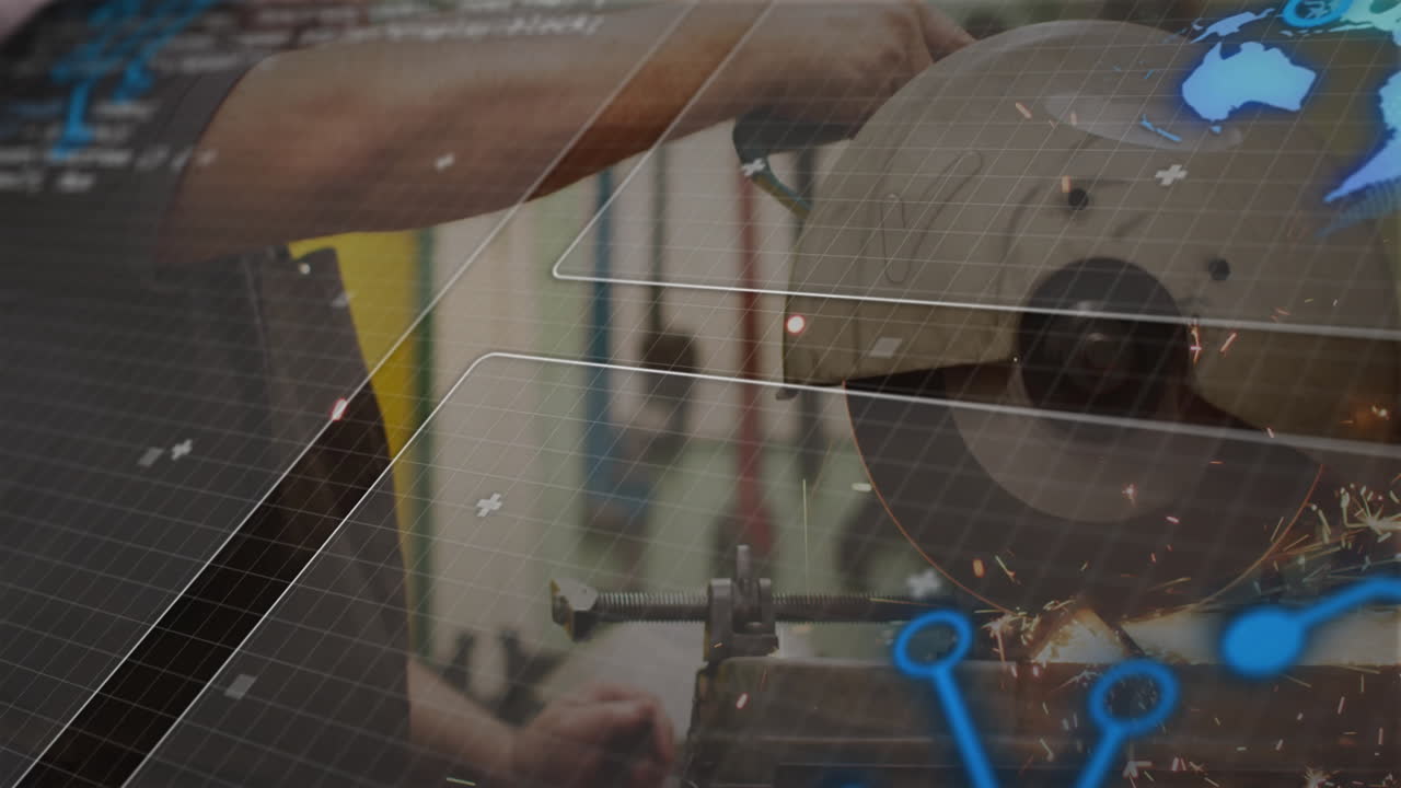 Metalworker operating angle grinder in industrial shop, with flying sparks and digital grid overlay