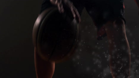 animation of light spots over biracial male basketball player playing
