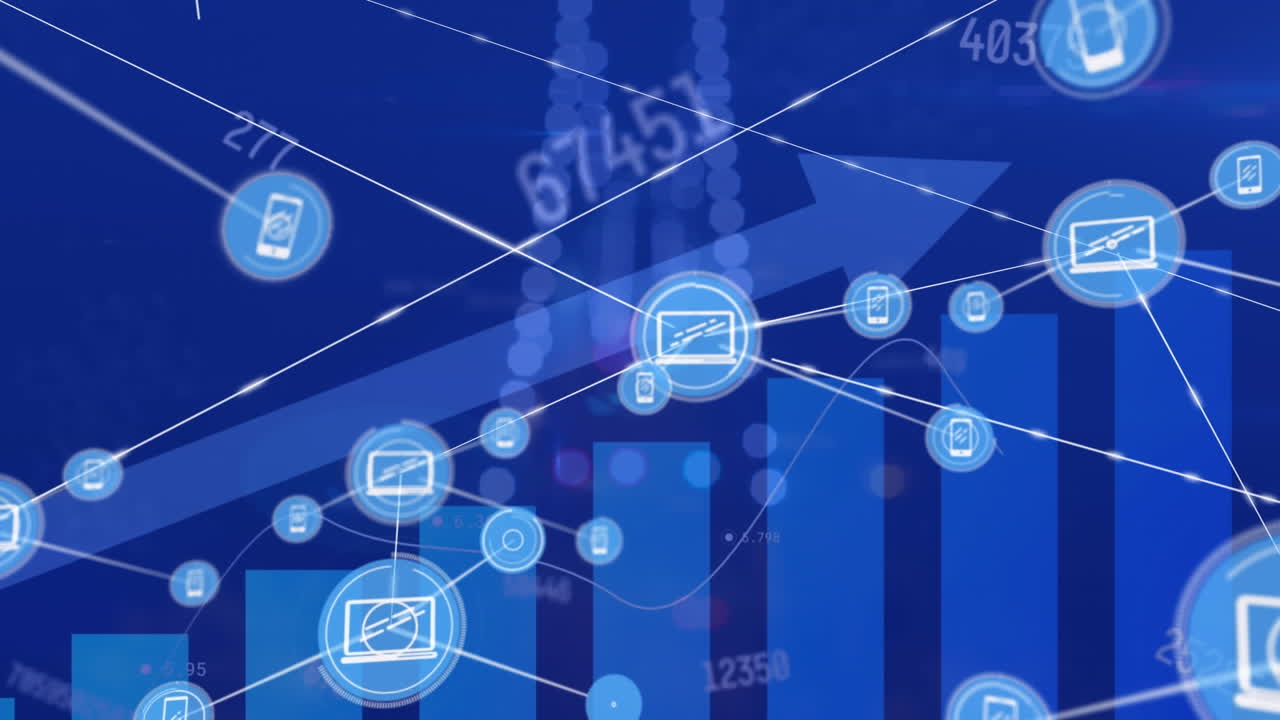 Animation of network of digital icons and changing numbers against statistical data processing