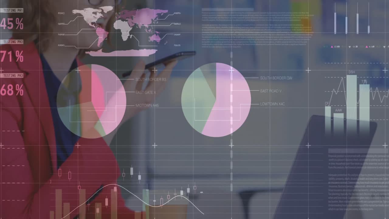 animación de procesamiento de datos estadísticos sobre una mujer de negocios caucásica hablando en teléfono inteligente