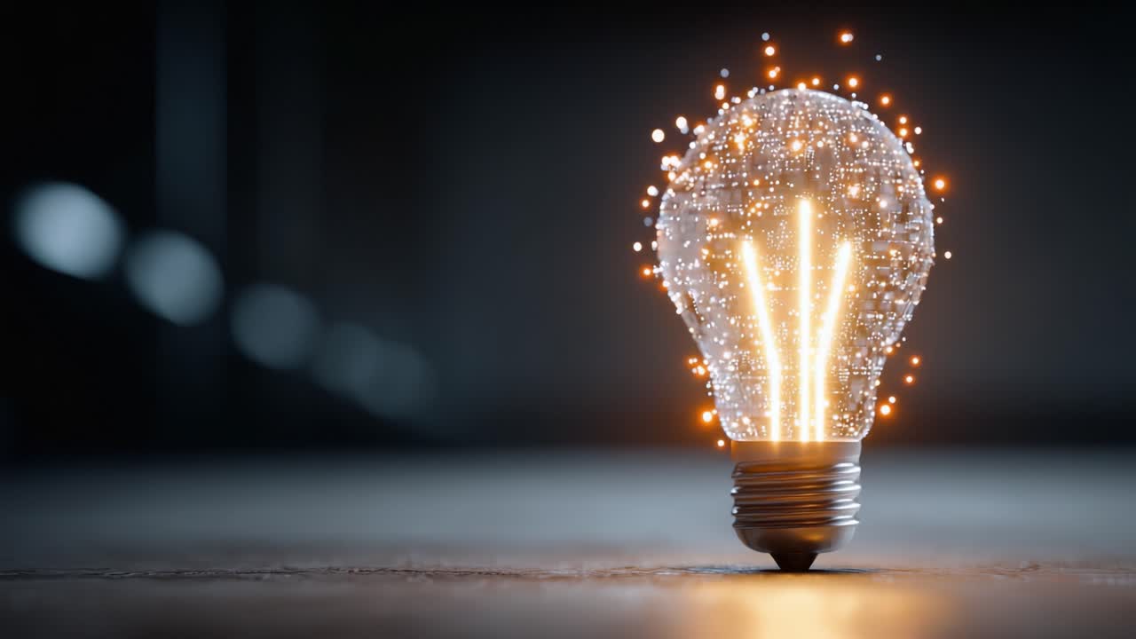 Un primo piano mozzafiato di una lampadina scintillante che illumina l'oscurità con fiamme radiose e particelle luccicanti, a simboleggiare innovazione e creatività.
