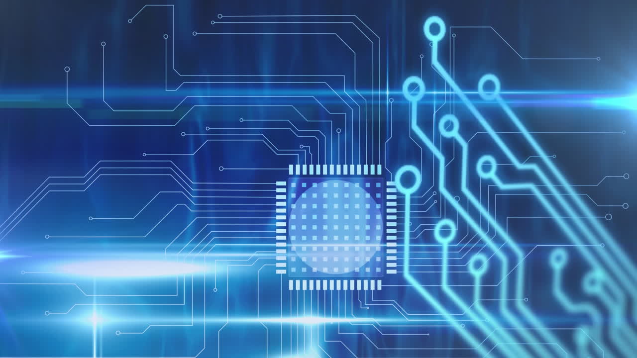 빛나는 파란색 배경 위에 있는 컴퓨터 회로판 요소의 애니메이션