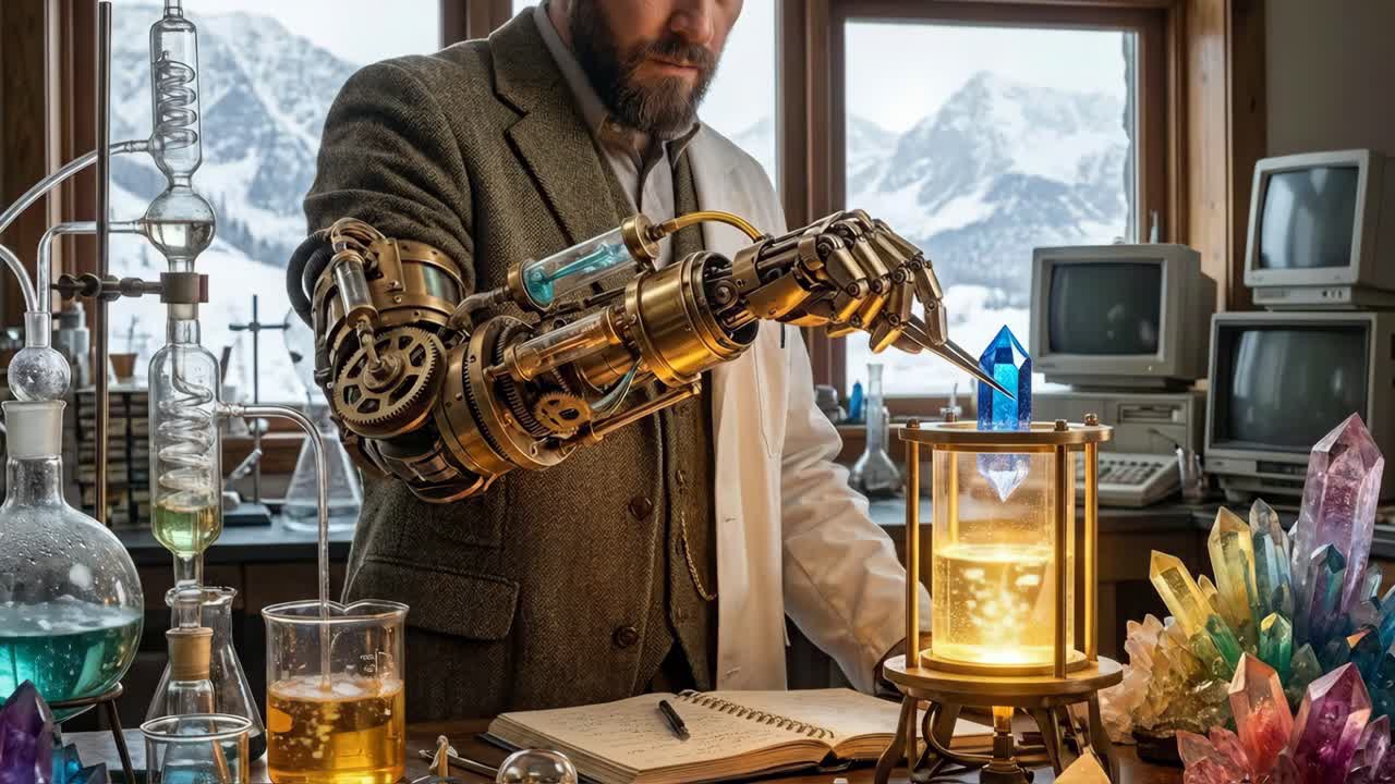 Naukowiec Steampunk w swoim laboratorium
