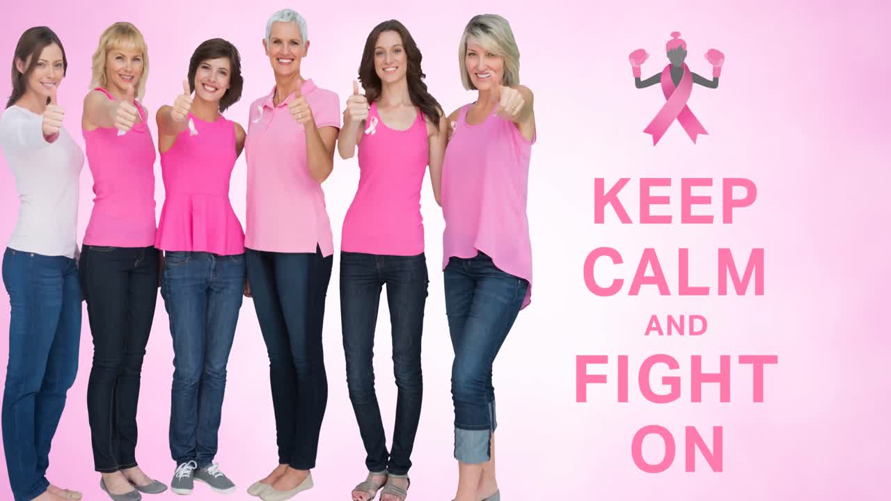 분홍색 리본 로고와 유방암 텍스트의 애니메이션이 다양한 여성 그룹 위에 있습니다.