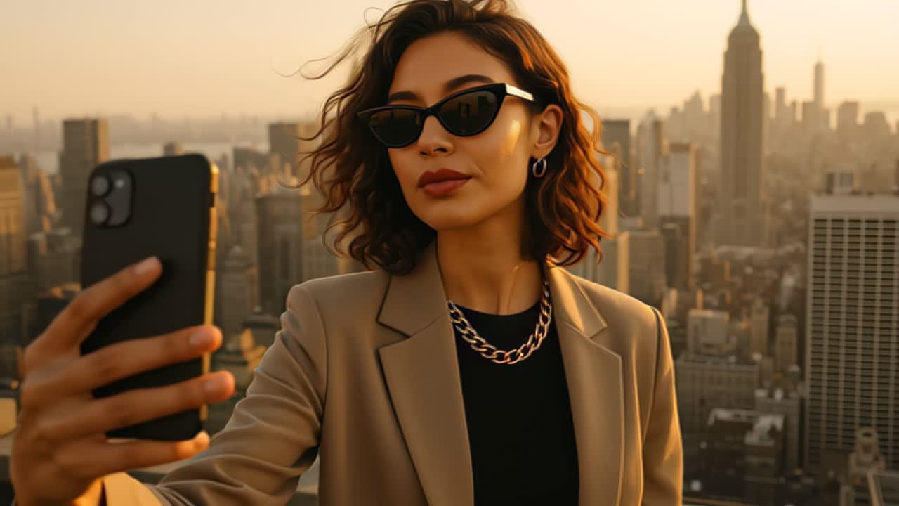 Optagelse af en moderigtig kvinde i solbriller, der tager en selfie med en smartphone på en tagterrasse, med en dramatisk bysilhuet og varmt gyldent time-lys