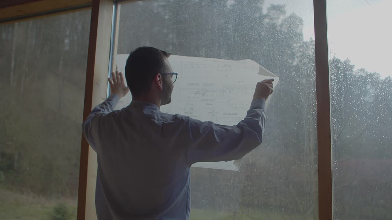 디자인 건축가가 도면을 확인하기 위해 작업실 유리에 건설 계획 롤을 펼칩니다.