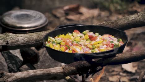 Cocinar-Pimientos-Coloridos-En-Una-Sartén-De-Hierro-Fundido-Sobre-Una-Fogata-En-Pulau-Ubin,-Singapur---Cerrar