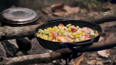 Cooking Colorful Peppers In Cast Iron Pan Over A Campfire In Pulau Ubin, Singapore - close up