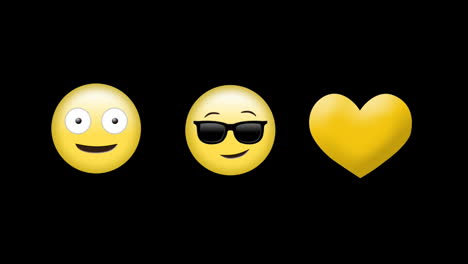 animación digital de tontos, rostros con gafas de sol emojis y icono de corazón amarillo sobre fondo negro