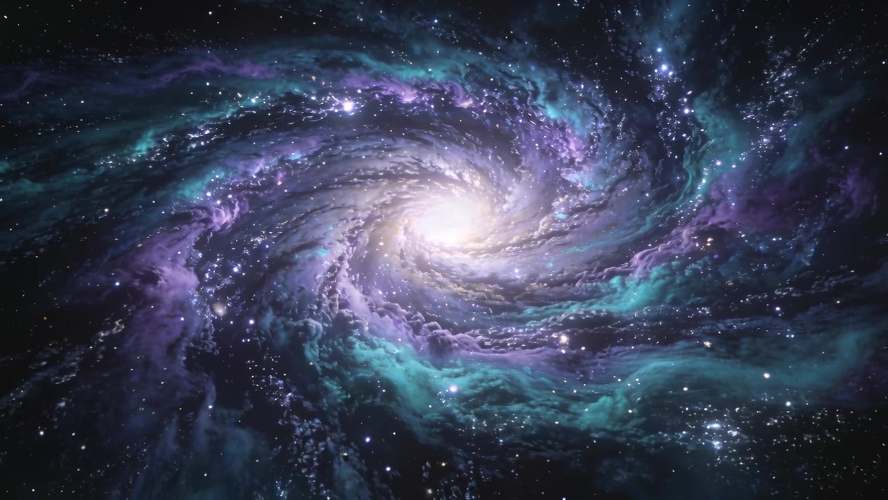 Galassia a spirale che ruota in riproduzione, rivelando bracci nebulari viola e verde acqua e un nucleo luminoso nello spazio.