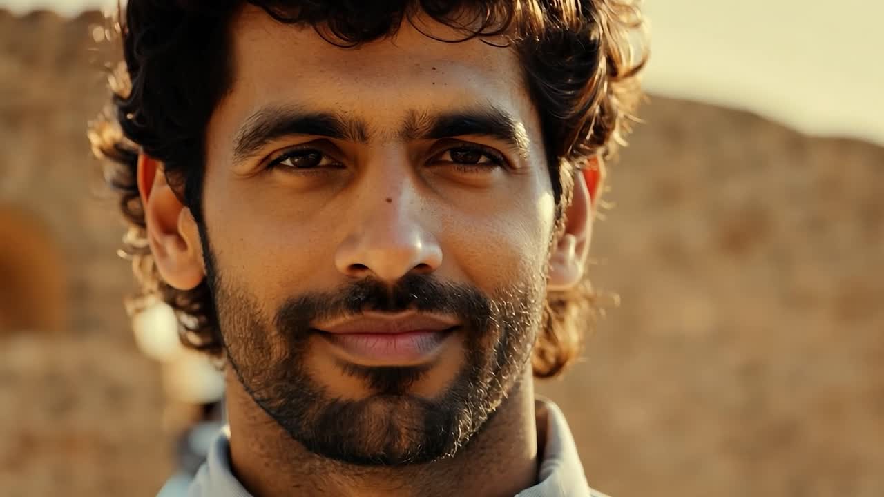 hombre de cabello rizado oscuro y barba sonríe sutilmente frente a un antiguo edificio de piedra borroso, mostrando una mezcla de felicidad y encanto contra un telón de fondo histórico