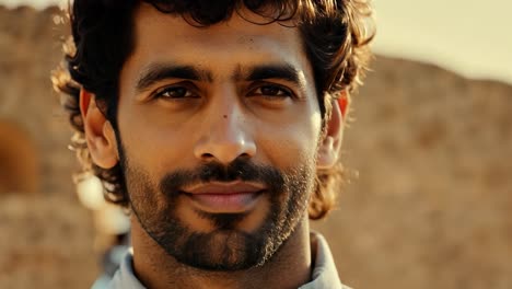 man with dark curly hair and a beard smiles subtly in front of a blurred ancient stone building, showcasing a blend of happiness and charm against a historical backdrop