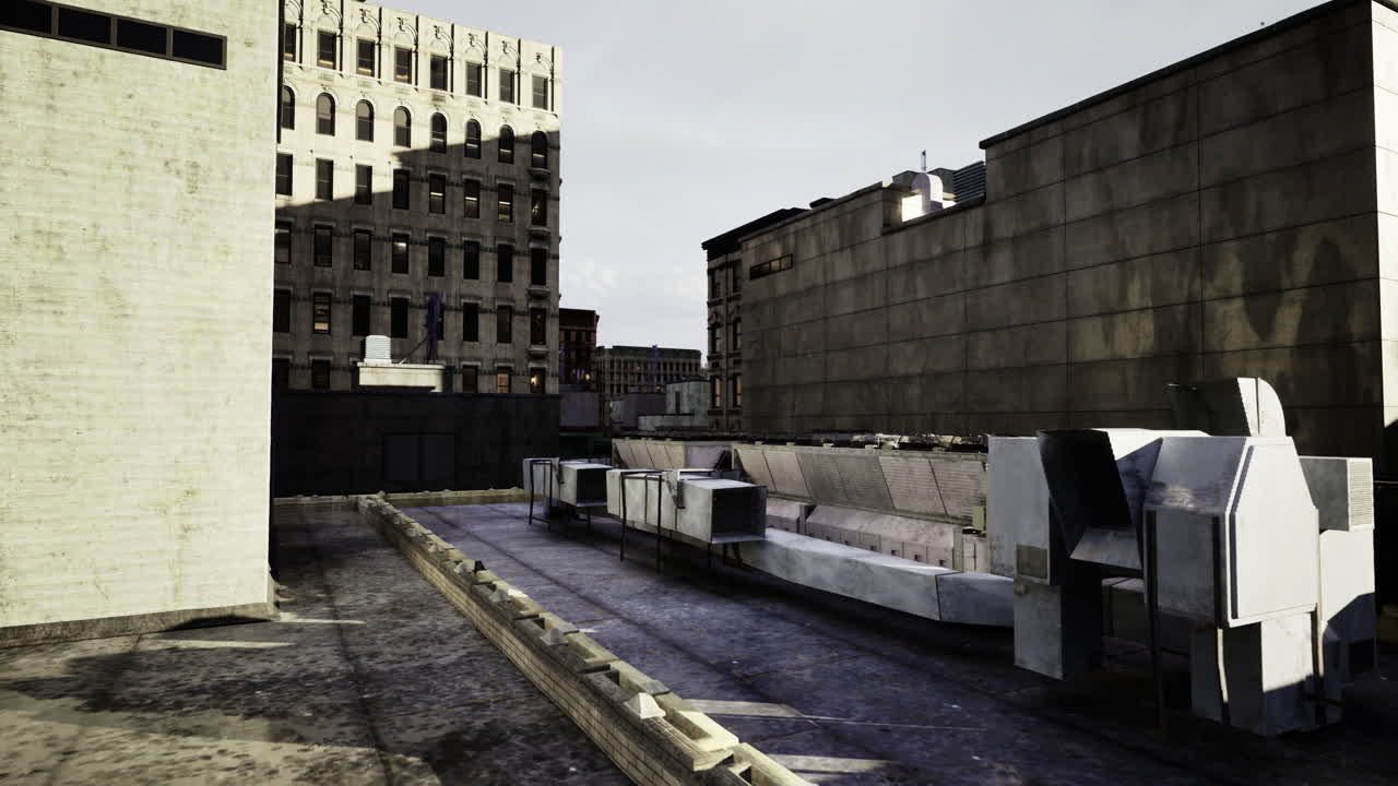 Daylight urban rooftop with contrasting architecture