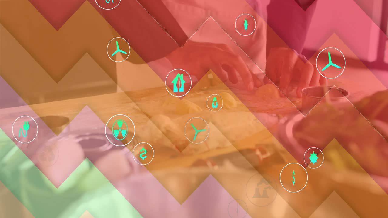 Cook's hands lifting knife slicing carrot on board prepping meal with zigzag overlay energy icons