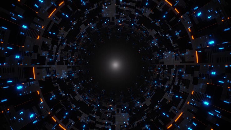 Futuristic Digital Tunnel with Glowing Blue and Orange Lights
