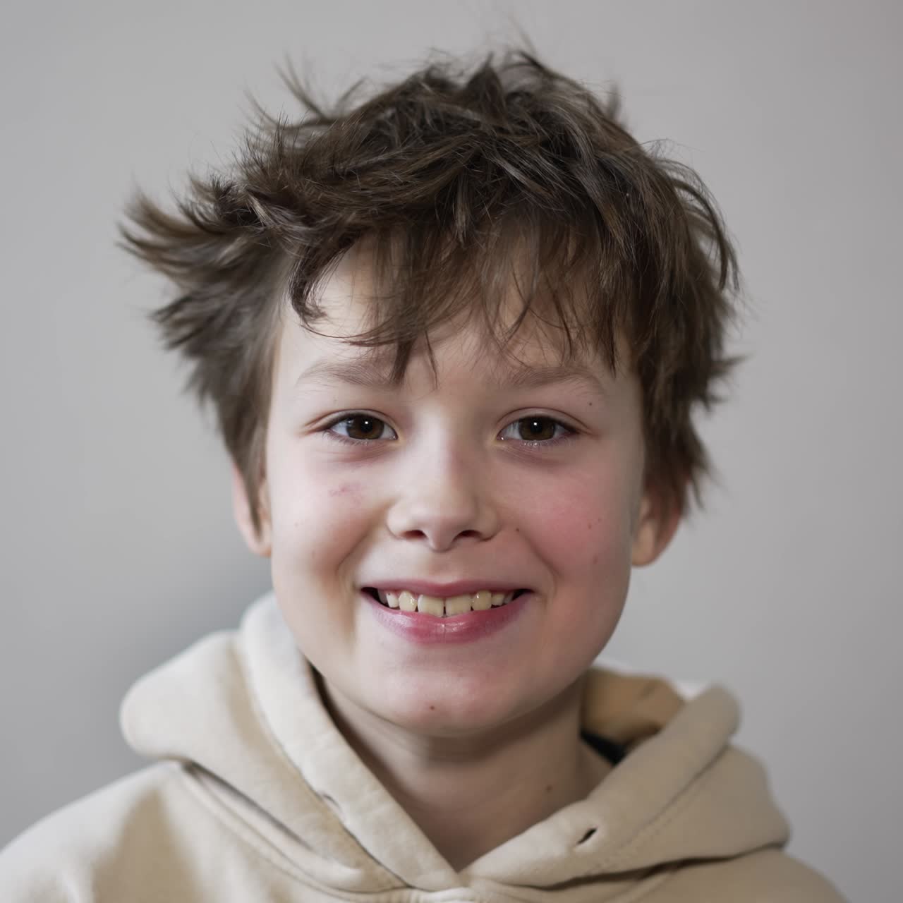 Smiling brunet Caucasian boy portrait. Teenager in hoodie shows his teeth looking into camera. Close up