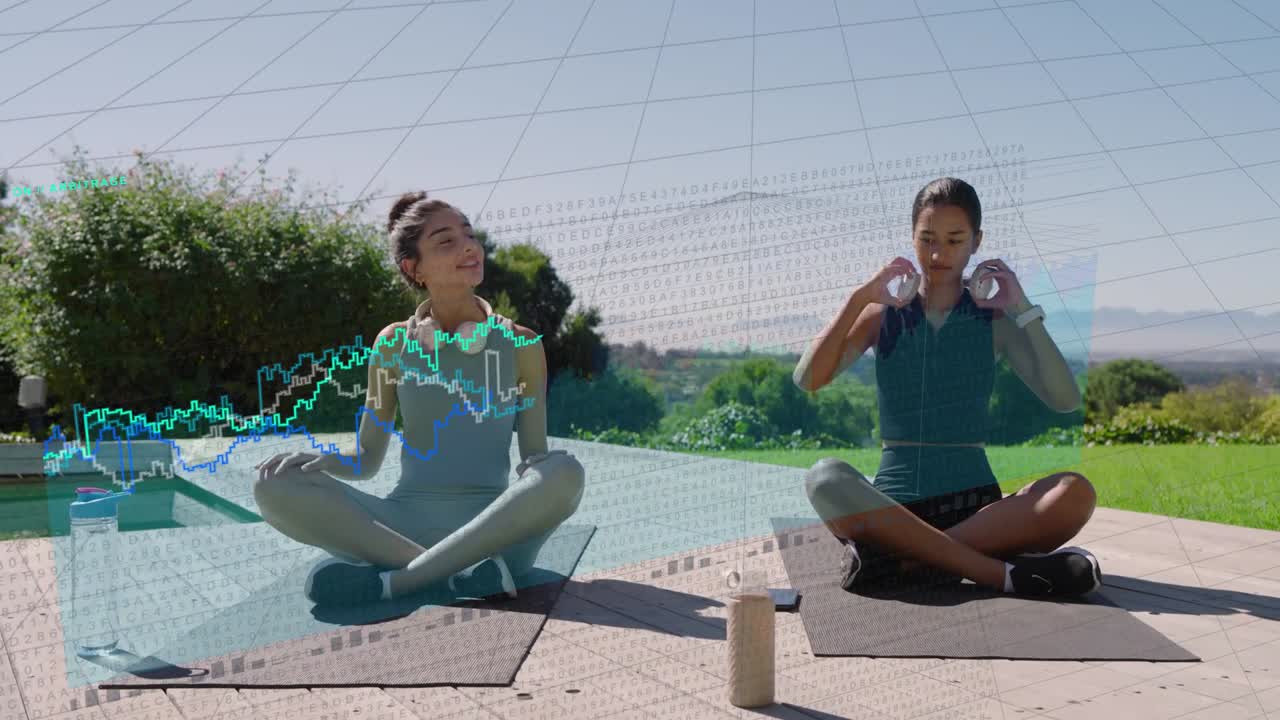 Due donne che prendono il telefono, indossano le cuffie e si sistemano a bordo piscina mentre appaiono grafici di meditazione.