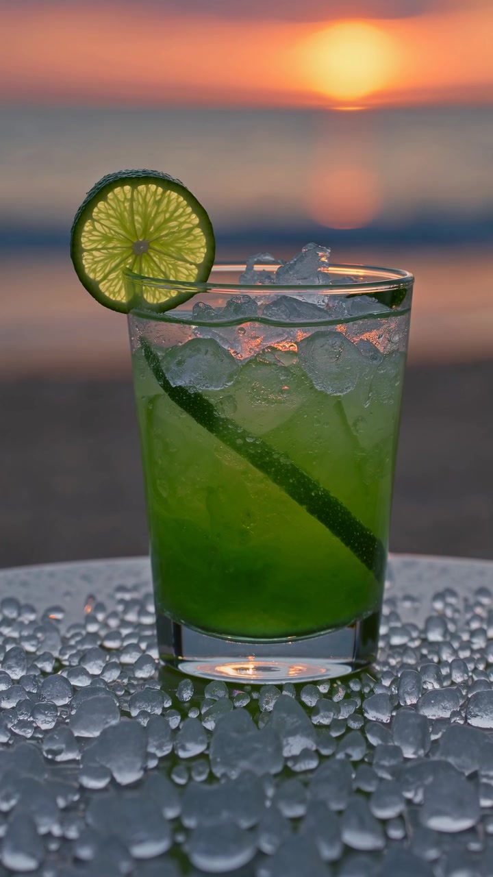 Cocktail verde rinfrescante con lime sulla spiaggia al tramonto