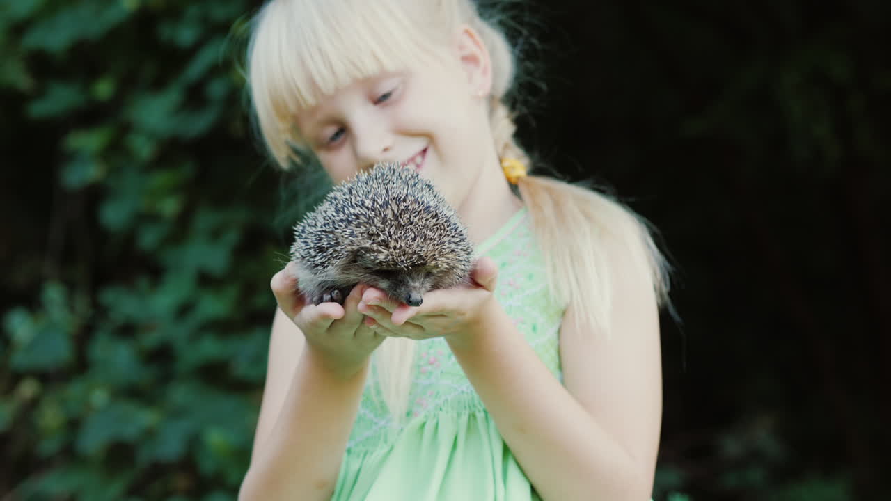 счастливый ребенок держит в руках маленького ежика дети и живая природа хорошо вылеченный и заботливый кон
