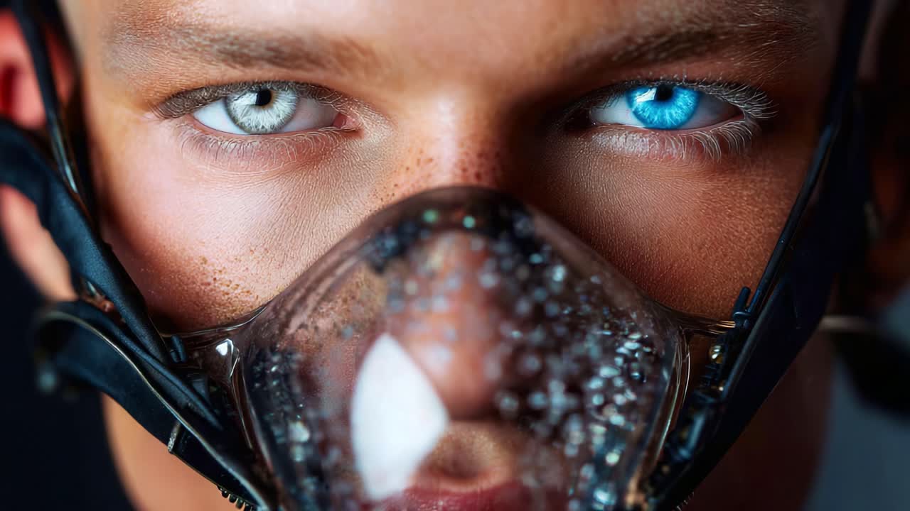 A Close-Up Exploration of Unique Eyes and Futuristic Masking: A Stunning Visual Contrast Captured in Two Frames with Striking Blue and Gray Eye Colors and Intricate Facial Mask Details