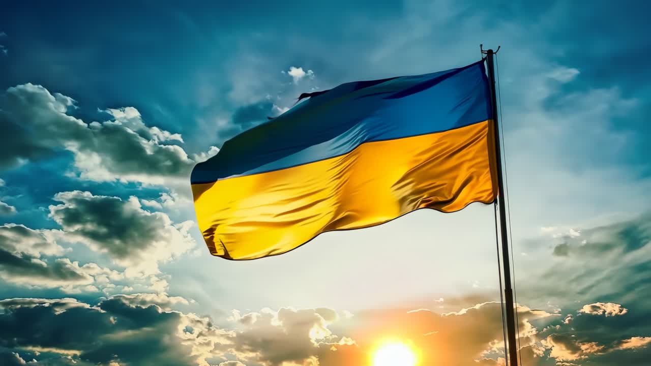 해가 지면 하늘에서 높이 날아다니는 우크라이나 발